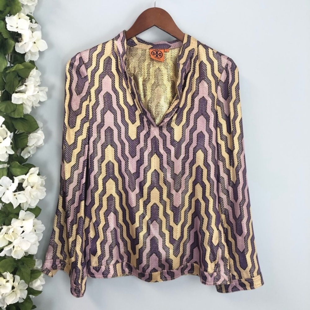 TORY BURCH Hasting Lame Chiffon Metallic Blouse Sz 2